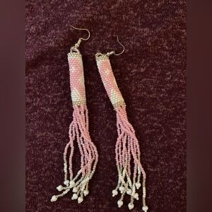 Breast cancer awareness long beaded earrings